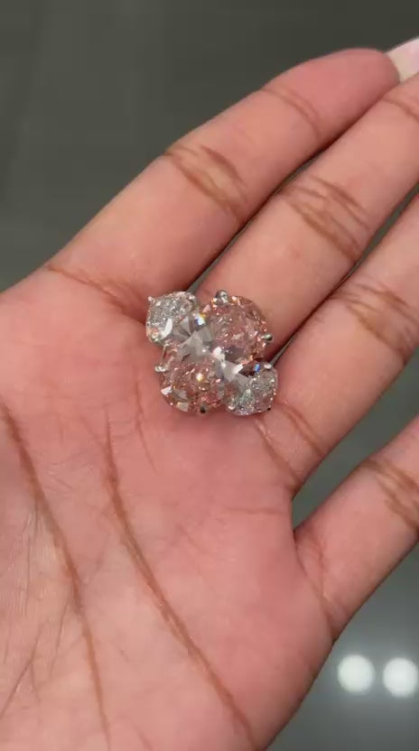 Black Friday Deal ! 12.50ct Fancy Pink Oval & Heart Lab Diamond Trilogy Ring in 18k Gold