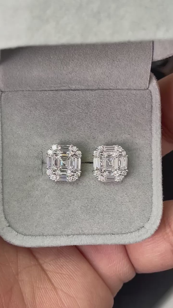 Last Piece ! Certified D/VS 4.00Ct Asscher Diamond Cluster Earring in 18k White Gold 4.30 Grams