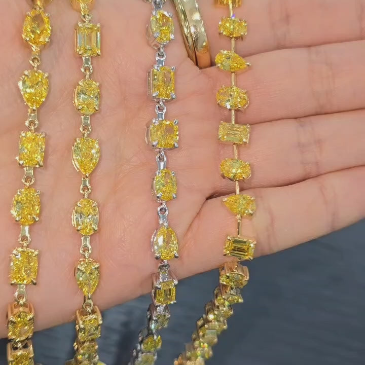 12.60Ct Multi Shape Fancy Vivid Yellow Diamond Tennis Bracelet In Platinum 22grams
