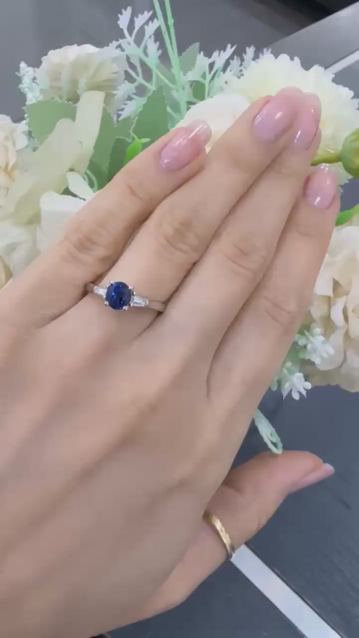 1.50Ct Oval Sapphire & Side Tapper Diamond Trilogy Engagement Ring 950 Platinum