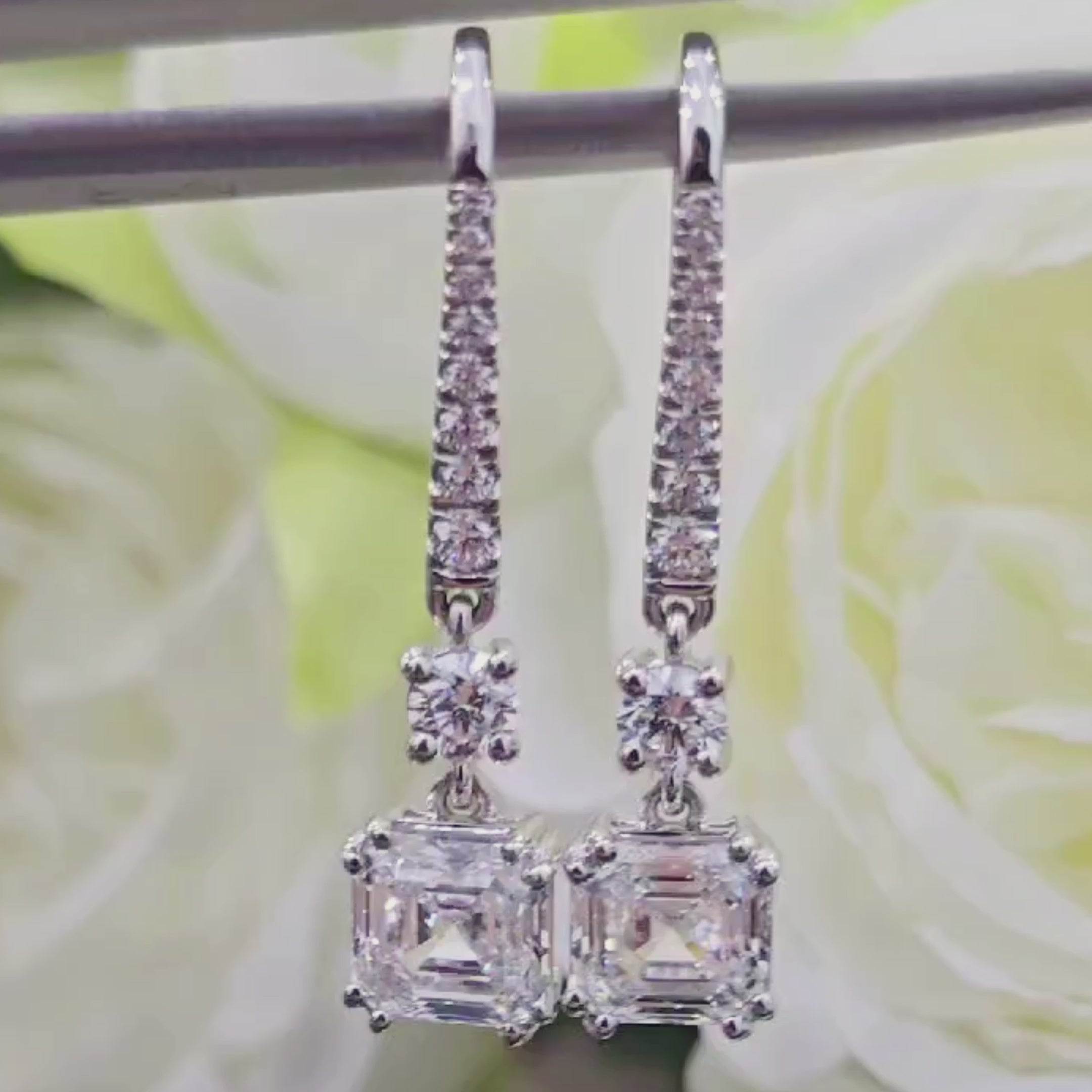 Certified 4.00 Carat D/VS Asscher Lab Diamond Dangle Drop Earrings in 18k White Gold