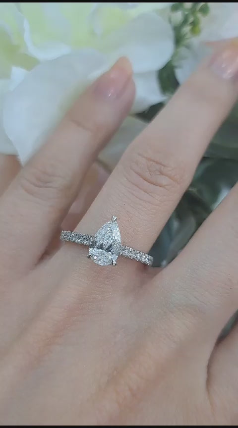 Certified E/VS Pear Diamond Hidden Halo Engagement Ring