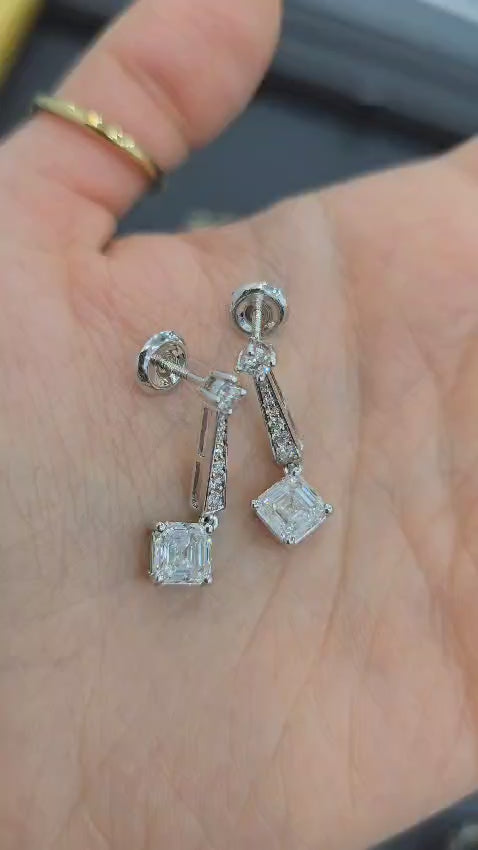 Last Piece ! Certified 3.50Carat Asscher Diamond Dangle Drop Earrings in 18k White Gold 5.00Grams