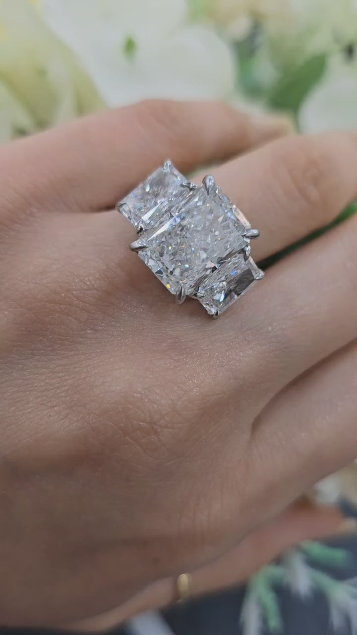 Close-up of Radiant Lab Grown Diamond Ring with Two 2.02CT Side Stones