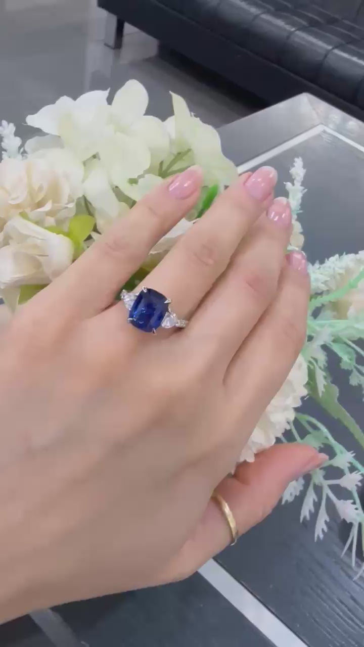 6.00ct Sapphire Cushion & Heart Shape Diamond Engagement Ring In 950 Platinum