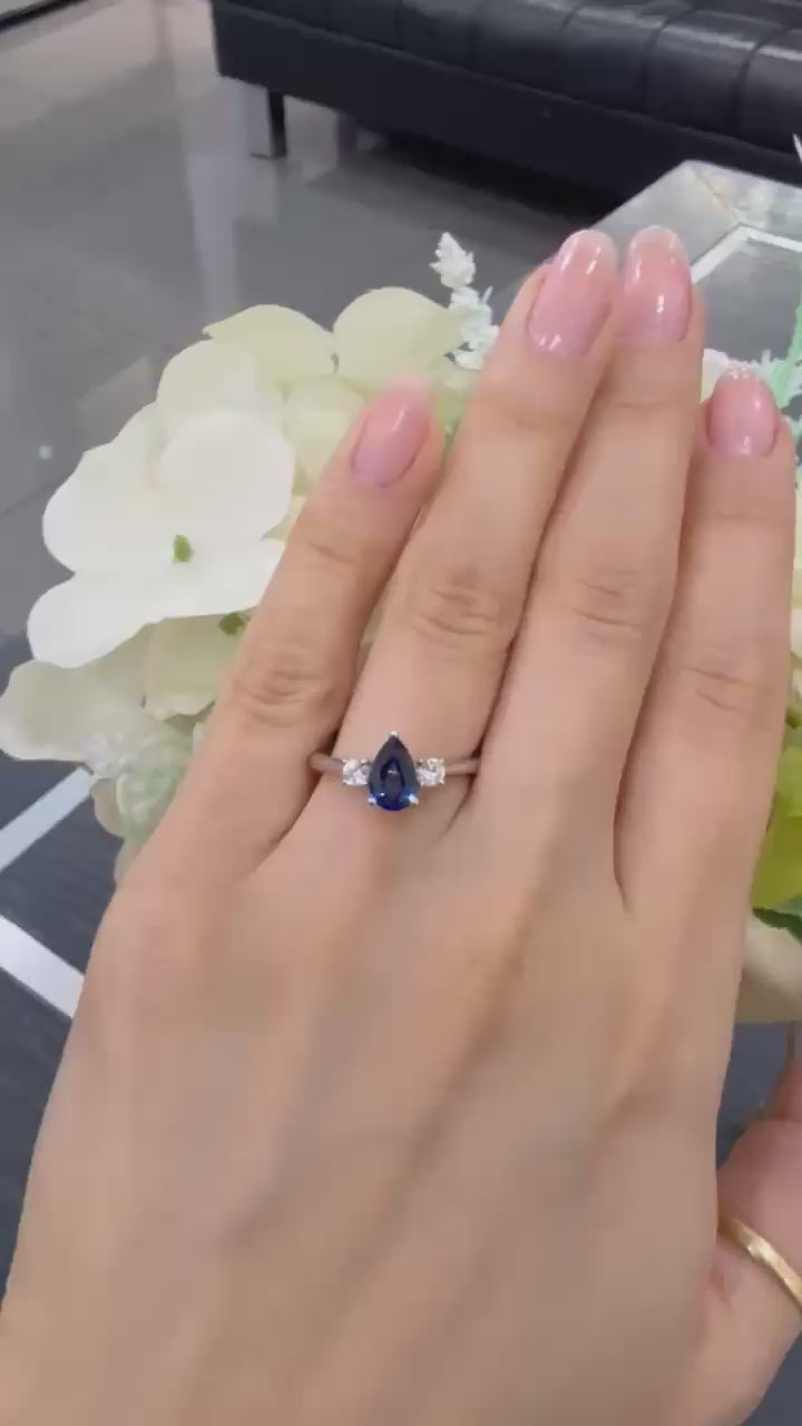 1.50Ct Blue Pear Sapphire & Side Round Diamond Three Stone Ring in 950 Platinum