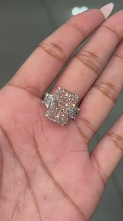 Black Friday Deal ! 13.60ct Fancy Pink Radiant & Trapezoid Lab Diamond Trilogy Ring in Platinum