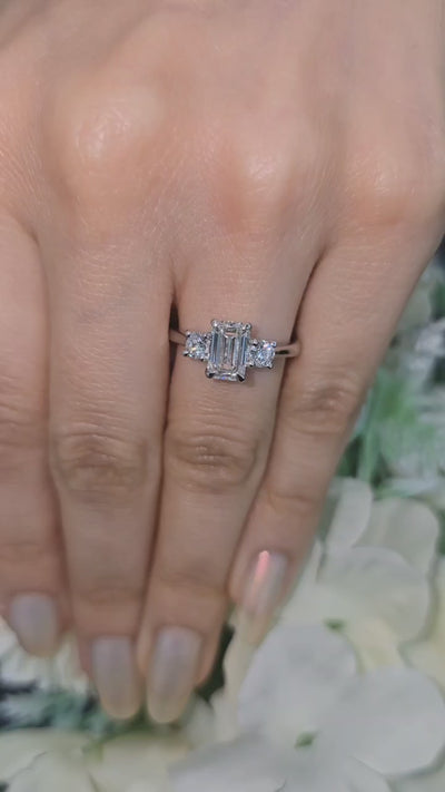 1.50 Carat D/VS Lab Grown Emerald & Round Diamond Trilogy Ring In 950 Platinum