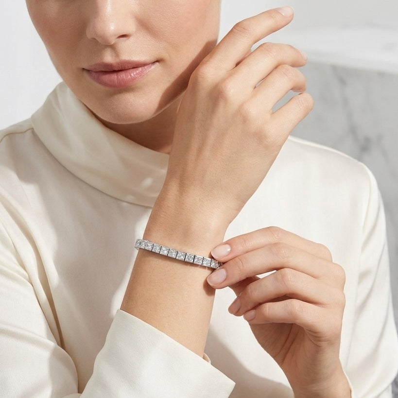 10.00 Carat D-E/VS Lab Grown Princess Diamond Channel Set Bracelet In White Gold