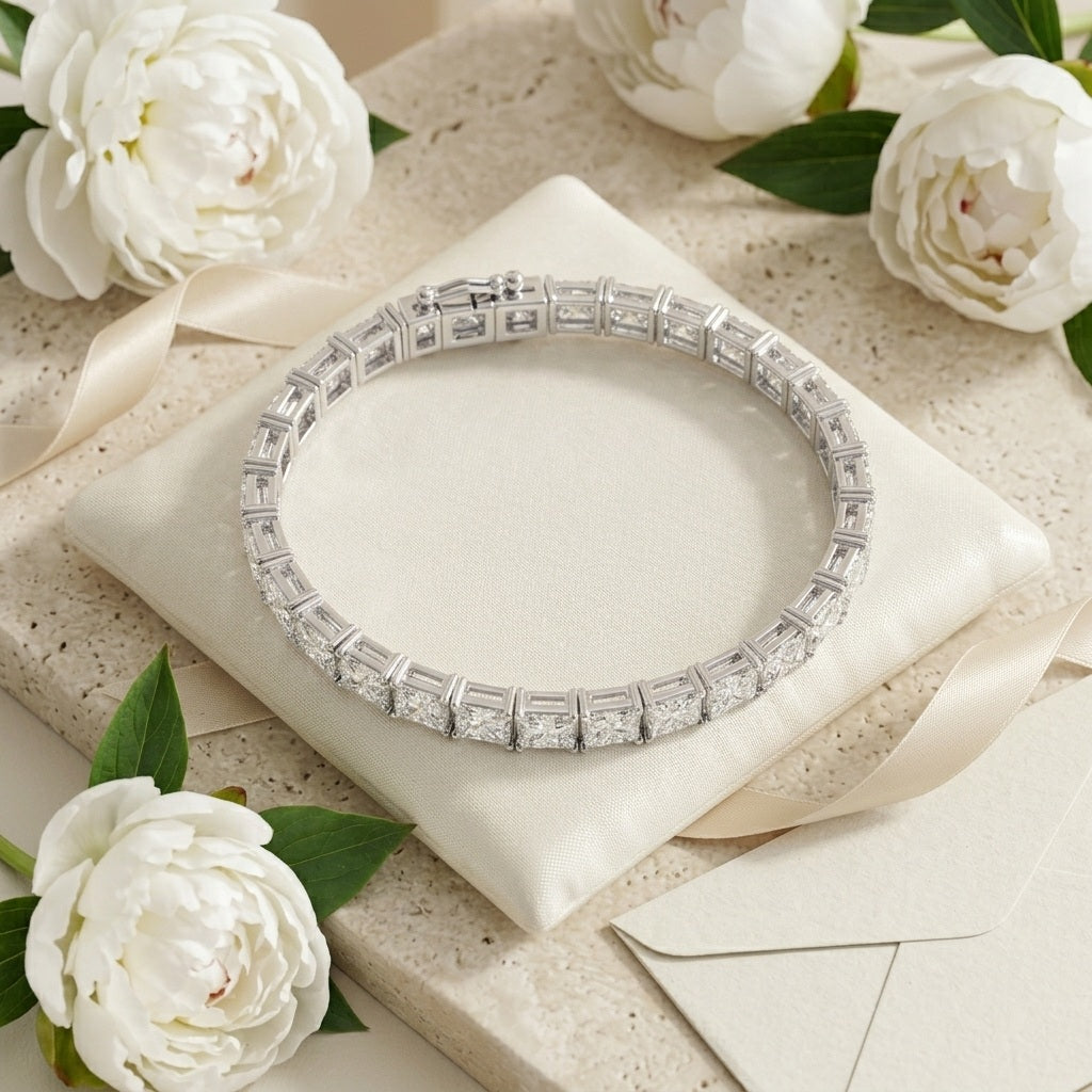 10.00 Carat D-E/VS Lab Grown Princess Diamond Claw Set Tennis Bracelet In White Gold