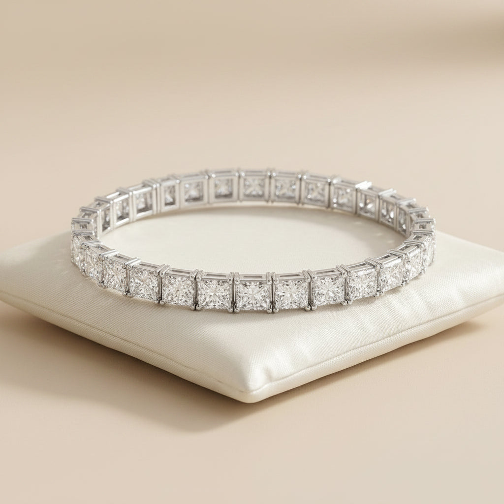 10.00ct Princess Diamond Tennis Bracelet - 9k Gold (Angle View 3)
