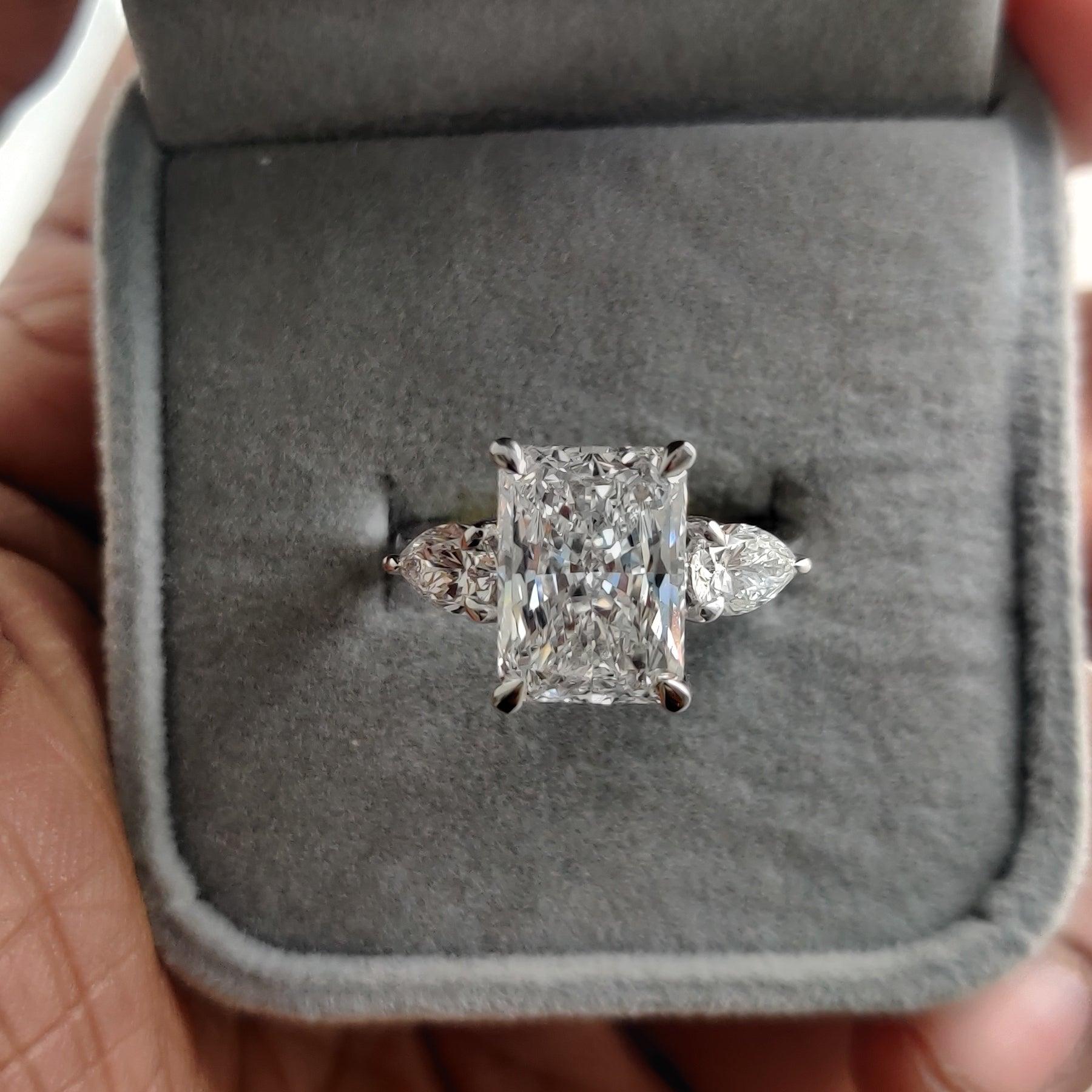 IGI Certified Radiant & Pear Diamond Trilogy Ring Platinum 7.00Ct F/VS