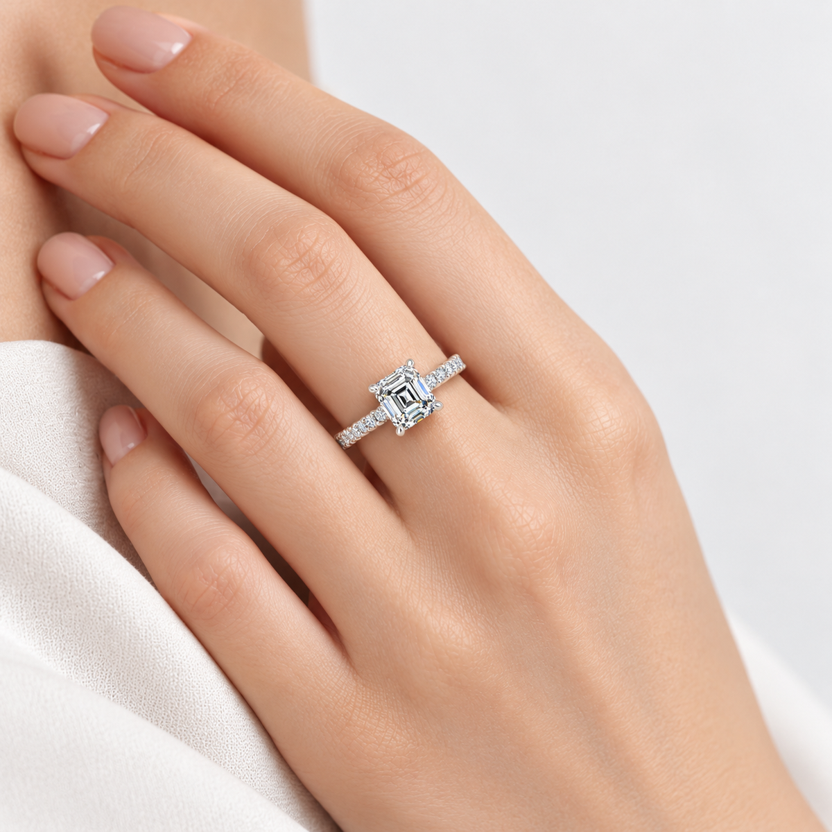IGI Certified Lab Grown Asscher & Round Brilliant Cut Diamond Claw & Pave Set Engagement Ring in Gold & Platinum – 1–4Ct