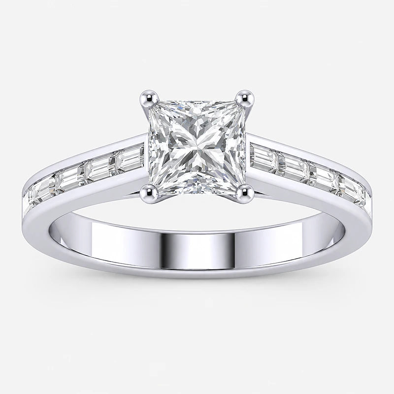 IGI Certified Lab Grown Princess Cut Diamond Solitaire Engagement Ring with Baguette-Cut Shoulder Accents in Gold & Platinum – 1–4Ct