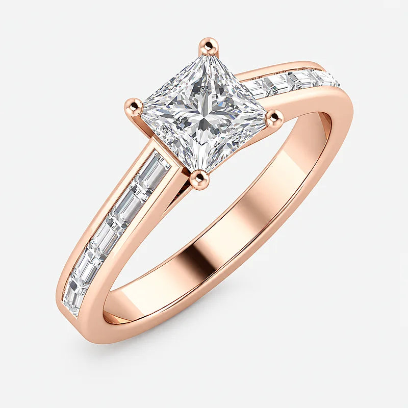 IGI Certified Lab Grown Princess Cut Diamond Solitaire Engagement Ring with Baguette-Cut Shoulder Accents in Gold & Platinum – 1–4Ct