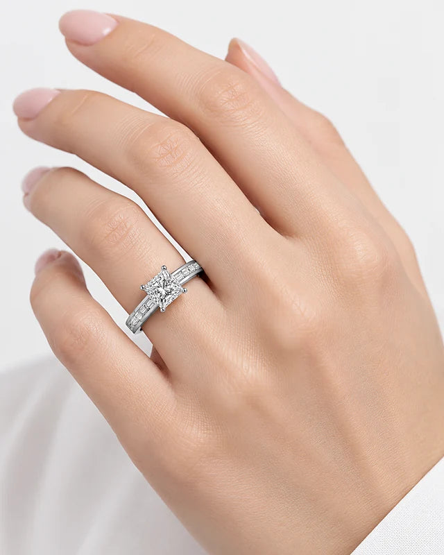 IGI Certified Lab Grown Princess Cut Diamond Solitaire Engagement Ring with Baguette-Cut Shoulder Accents in Gold & Platinum – 1–4Ct