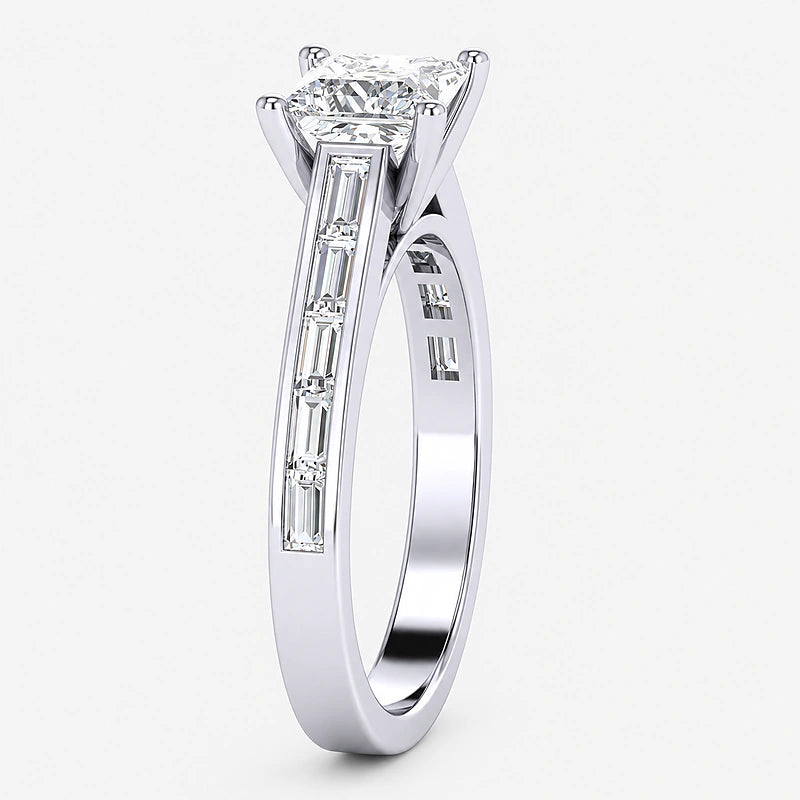 IGI Certified Lab Grown Princess Cut Diamond Solitaire Engagement Ring with Baguette-Cut Shoulder Accents in Gold & Platinum – 1–4Ct
