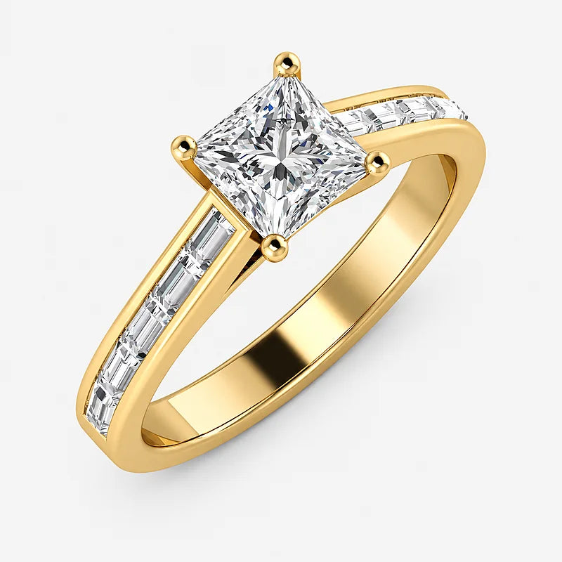 IGI Certified Lab Grown Princess Cut Diamond Solitaire Engagement Ring with Baguette-Cut Shoulder Accents in Gold & Platinum – 1–4Ct