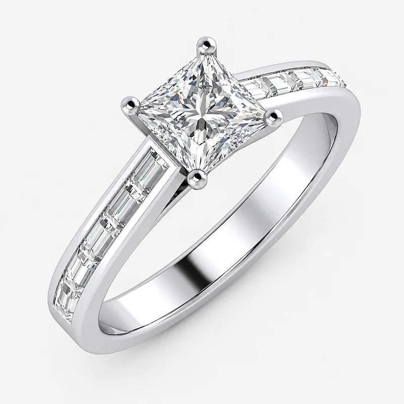 IGI Certified Lab Grown Princess Cut Diamond Solitaire Engagement Ring with Baguette-Cut Shoulder Accents in Gold & Platinum – 1–4Ct