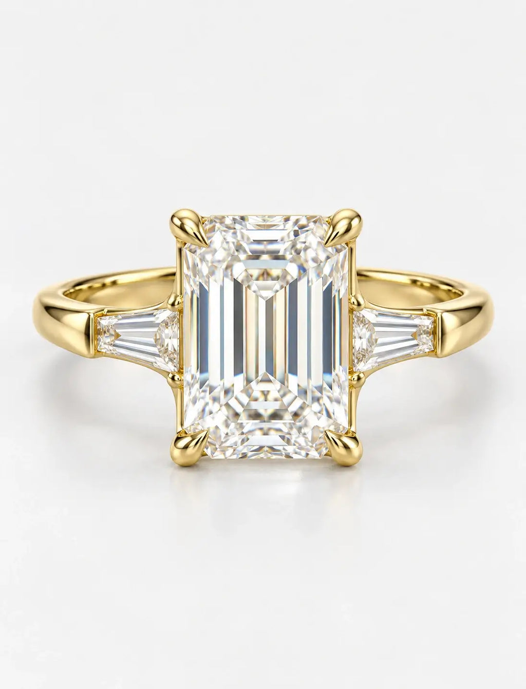 18k Yellow Gold Lab IGI Emerald-Cut Three-Stone Engagement Ring with Tapered Baguette Side Stones