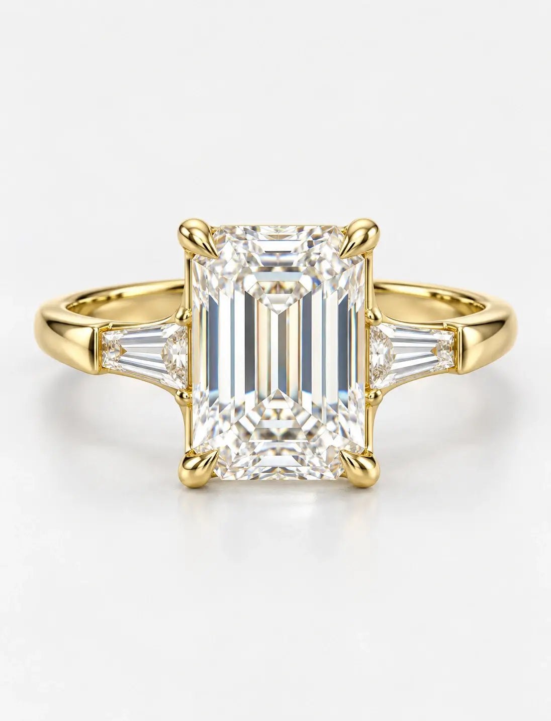 18k Yellow Gold Lab IGI Emerald-Cut Three-Stone Engagement Ring with Tapered Baguette Side Stones