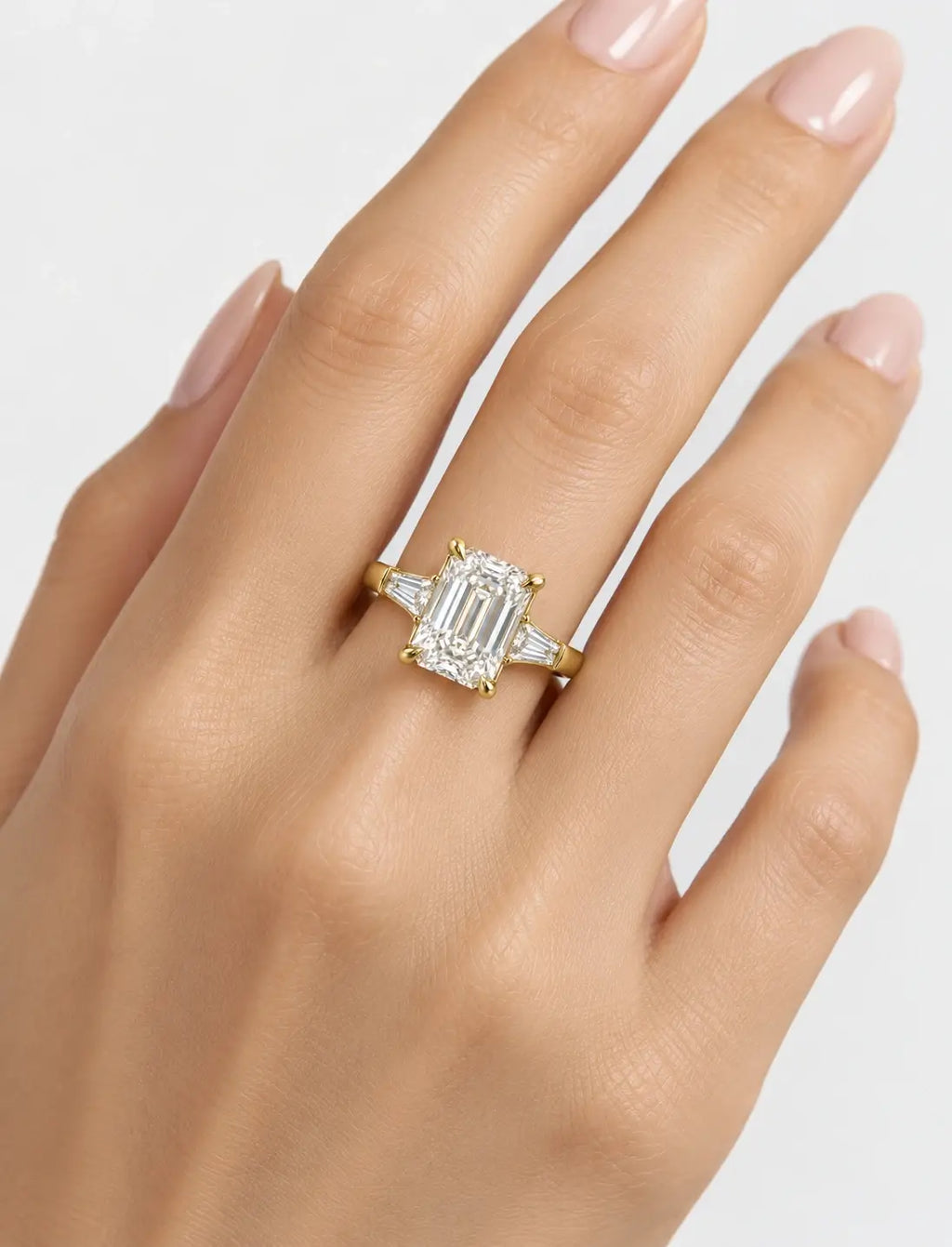 18k Yellow Gold Lab IGI Emerald-Cut Three-Stone Engagement Ring with Tapered Baguette Side Stones