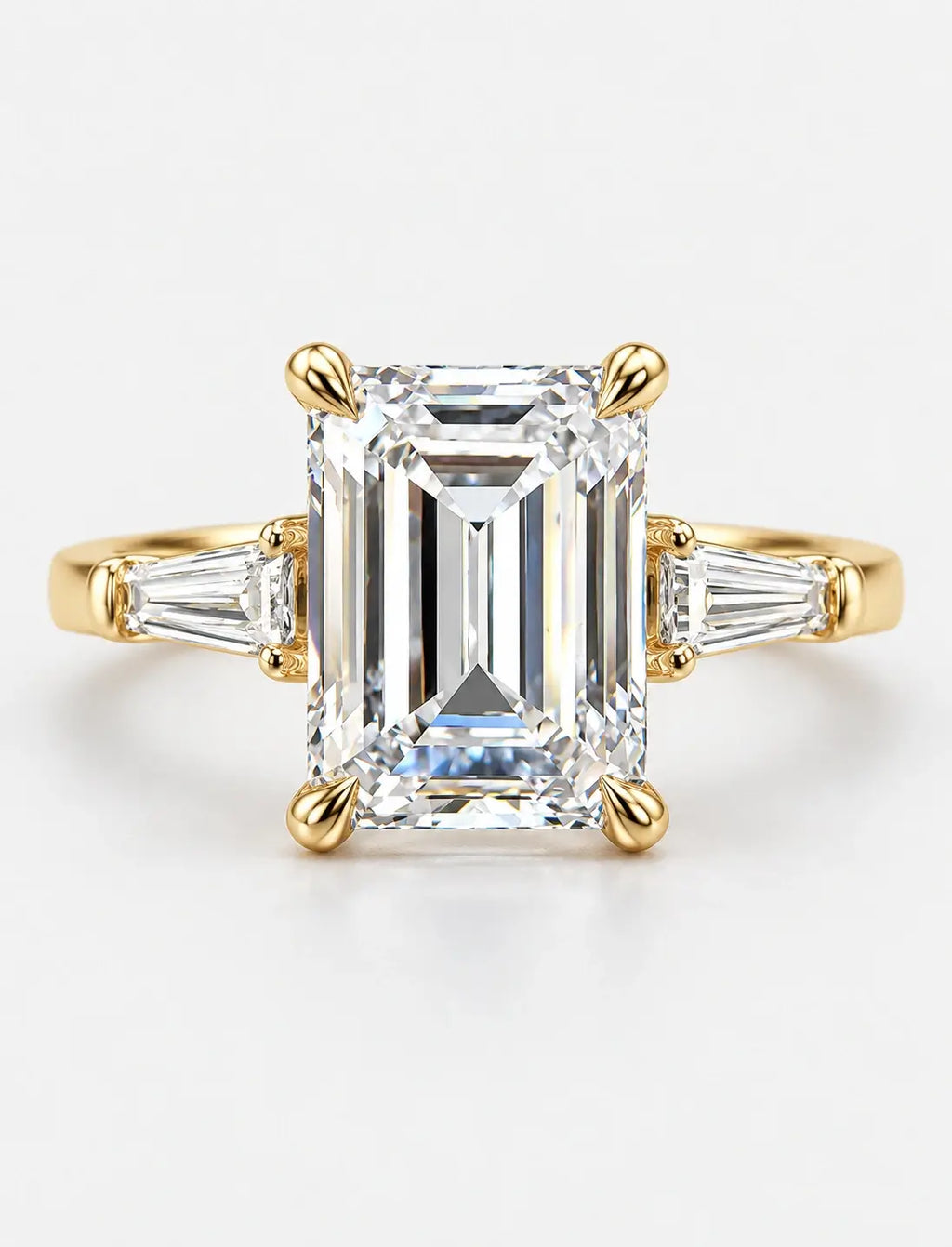 18k Yellow Gold Lab IGI Emerald-Cut Three-Stone Engagement Ring with Tapered Baguette Side Stones