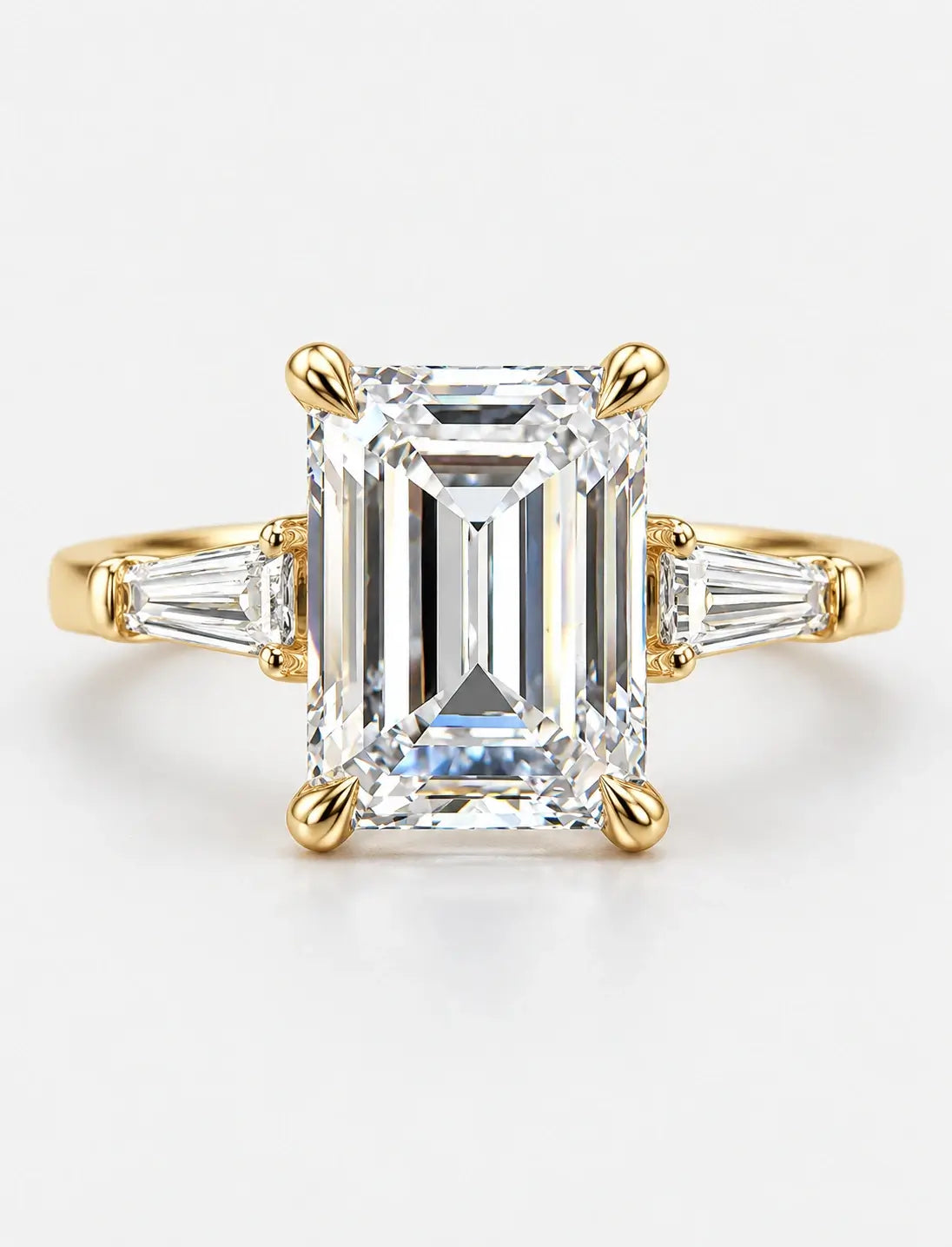 18k Yellow Gold Lab IGI Emerald-Cut Three-Stone Engagement Ring with Tapered Baguette Side Stones