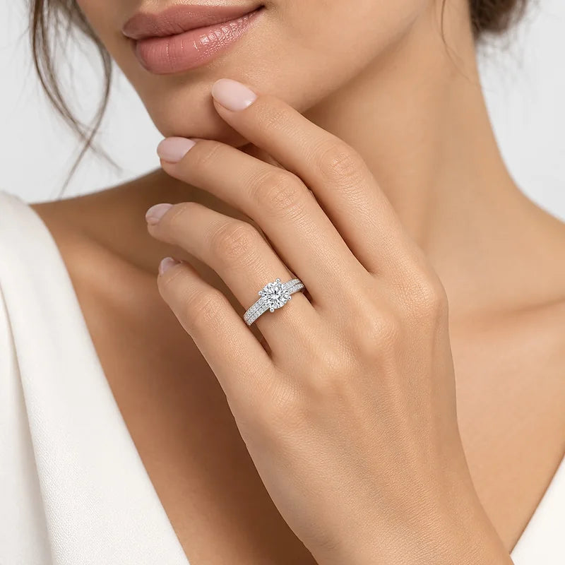 IGI Certified Lab Grown Round Brilliant Cut Diamond Solitaire Engagement Ring with Double-Row Pavé Band in Gold & Platinum - 1-5ct