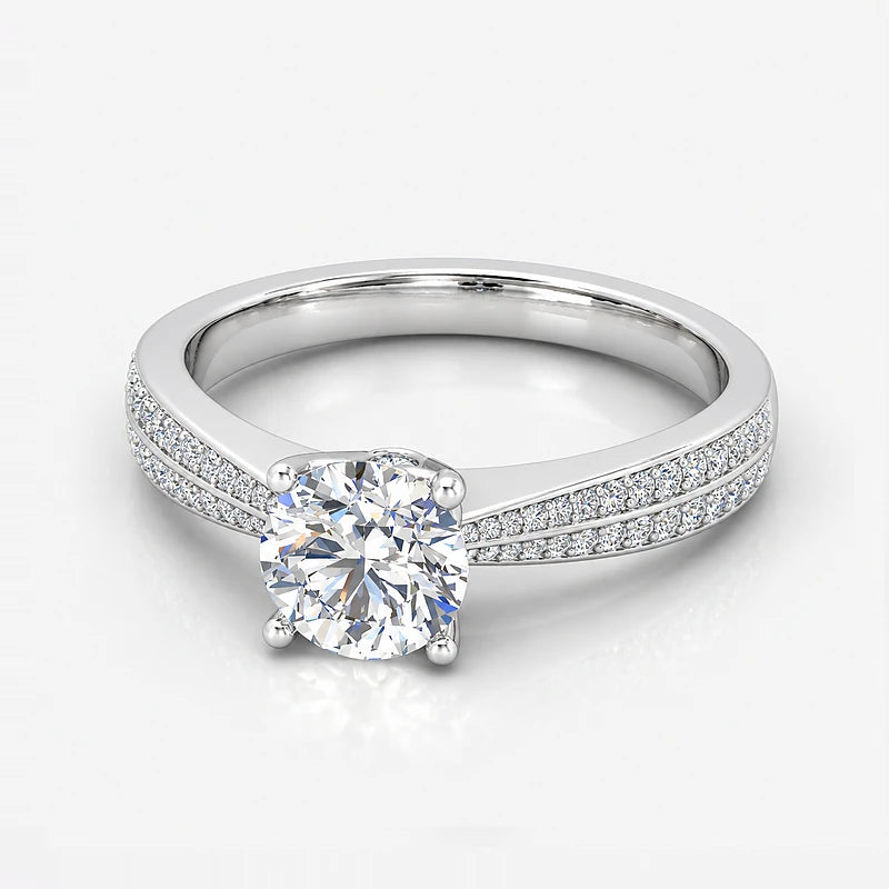 IGI Certified Lab Grown Round Brilliant Cut Diamond Solitaire Engagement Ring with Double-Row Pavé Band in Gold & Platinum - 1-5ct