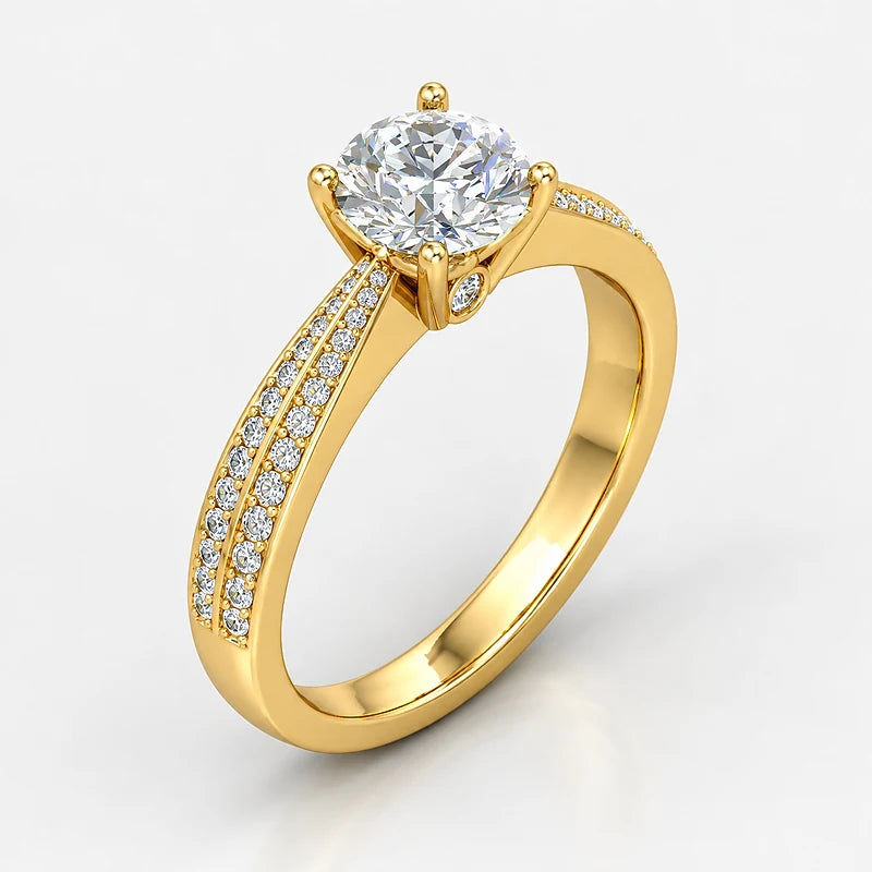 IGI Certified Lab Grown Round Brilliant Cut Diamond Solitaire Engagement Ring with Double-Row Pavé Band in Gold & Platinum - 1-5ct