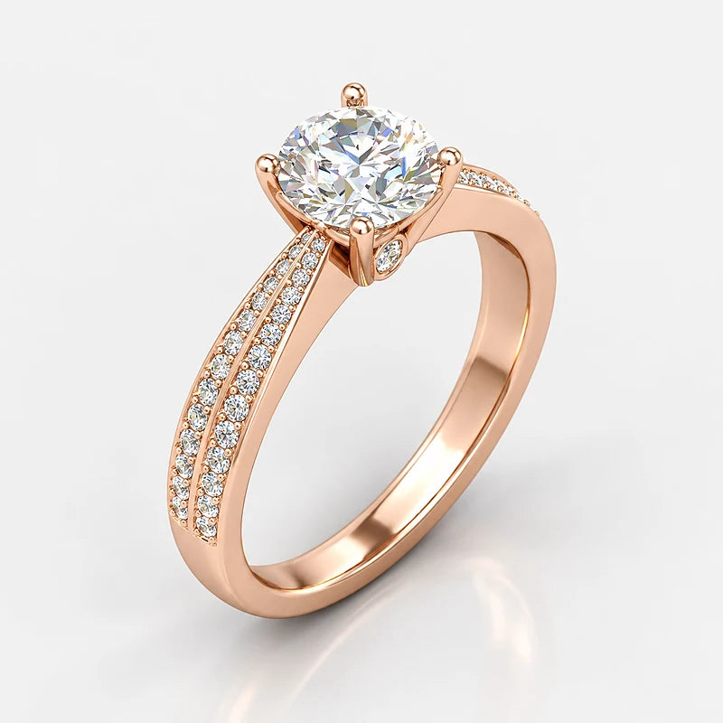 IGI Certified Lab Grown Round Brilliant Cut Diamond Solitaire Engagement Ring with Double-Row Pavé Band in Gold & Platinum - 1-5ct