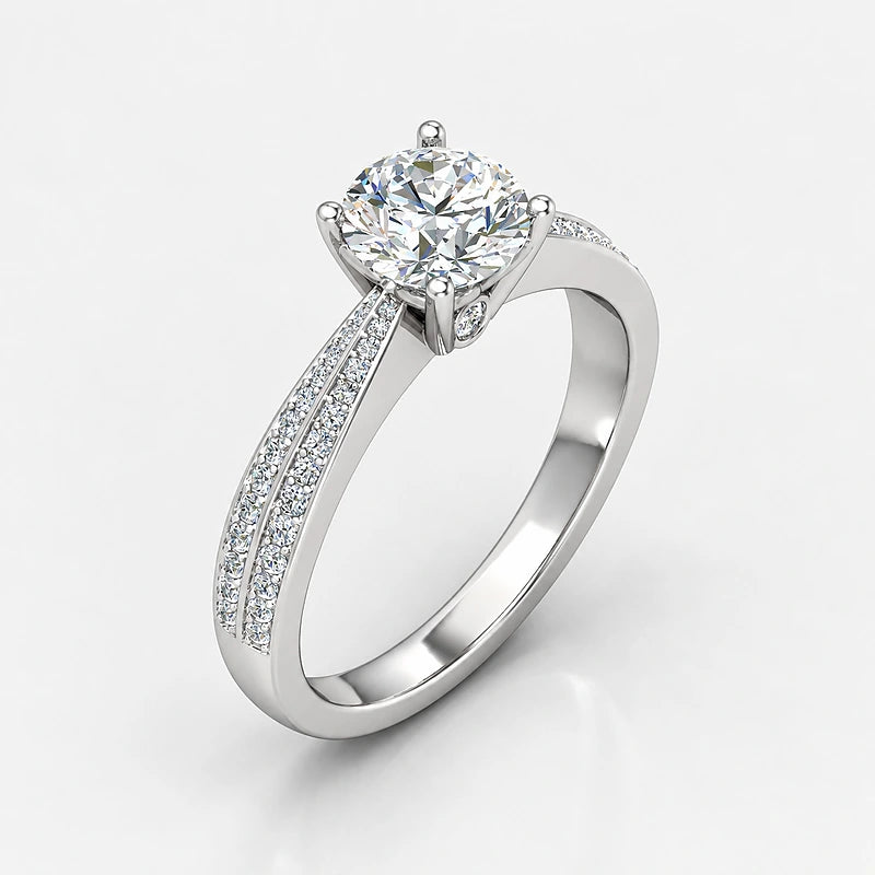 IGI Certified Lab Grown Round Brilliant Cut Diamond Solitaire Engagement Ring with Double-Row Pavé Band in Gold & Platinum - 1-5ct