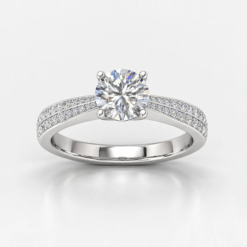 IGI Certified Lab Grown Round Brilliant Cut Diamond Solitaire Engagement Ring with Double-Row Pavé Band in Gold & Platinum - 1-5ct