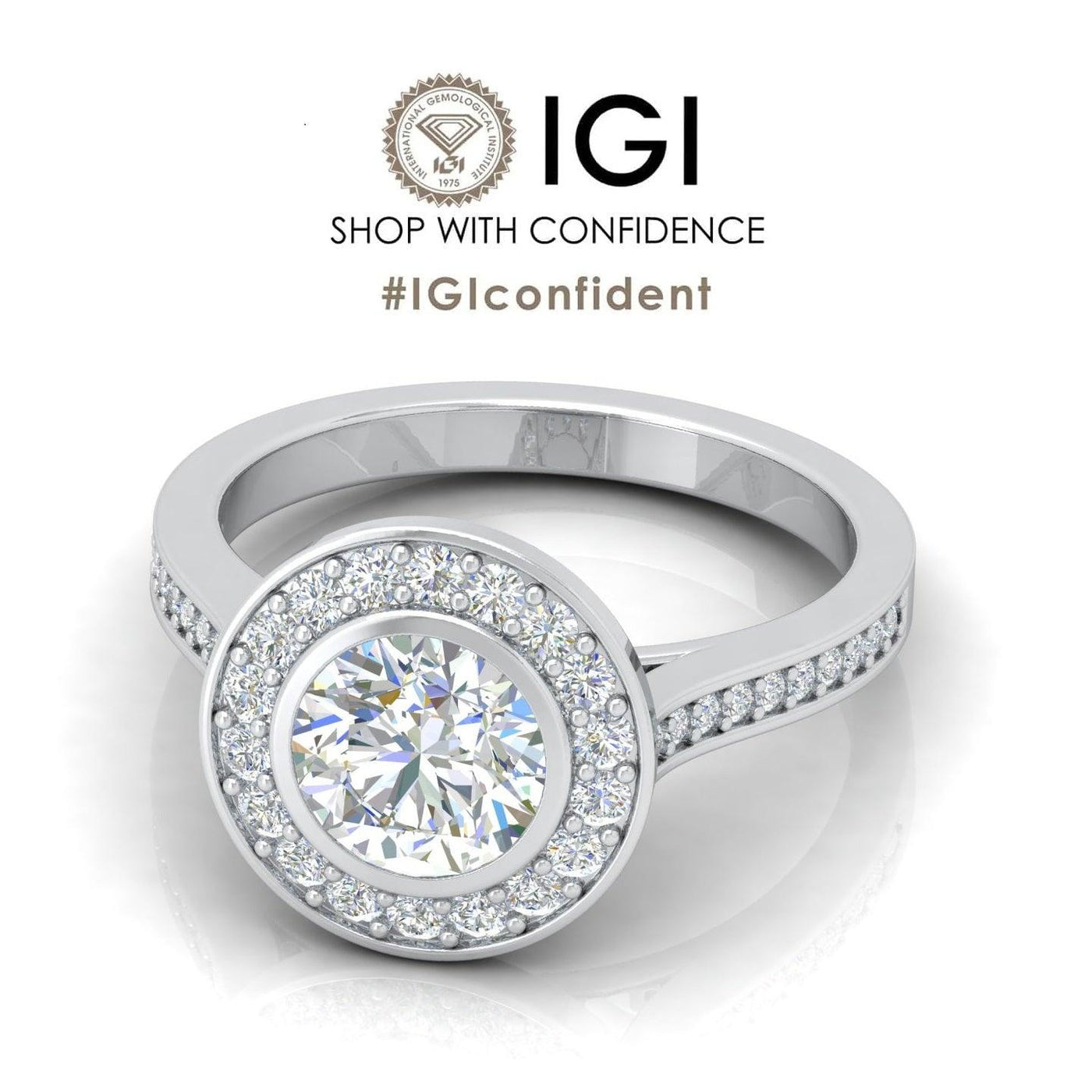 IGI Certified E/VS Round Diamond Designer Halo Engagement Ring - amadadiamonds