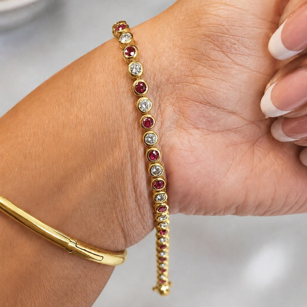 6.00 Ct Ruby & Diamond Bezel Set Tennis Bracelet In Yellow Gold