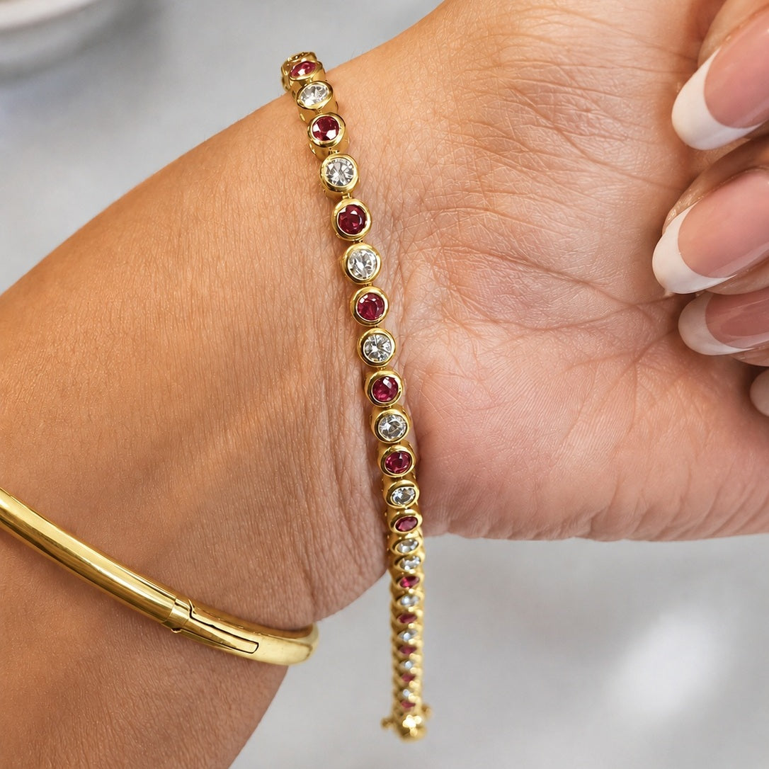 6.00 Ct Ruby & Diamond Bezel Set Tennis Bracelet In Yellow Gold