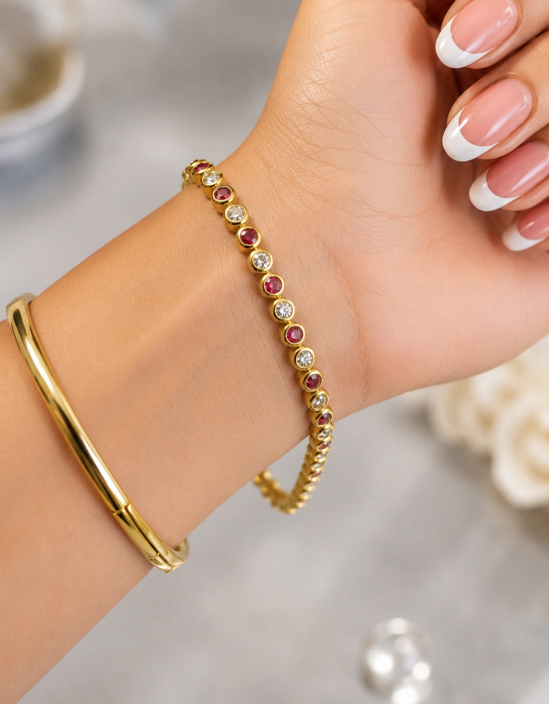 6.00 Ct Ruby & Diamond Bezel Set Tennis Bracelet In Yellow Gold