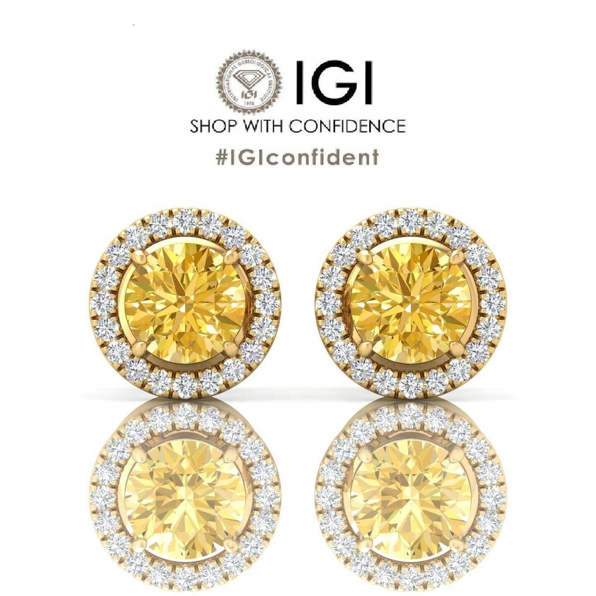 IGI Certified 2.60 Ct Fancy Vivid Yellow Round Diamond Halo Earring In 18k Yellow Gold