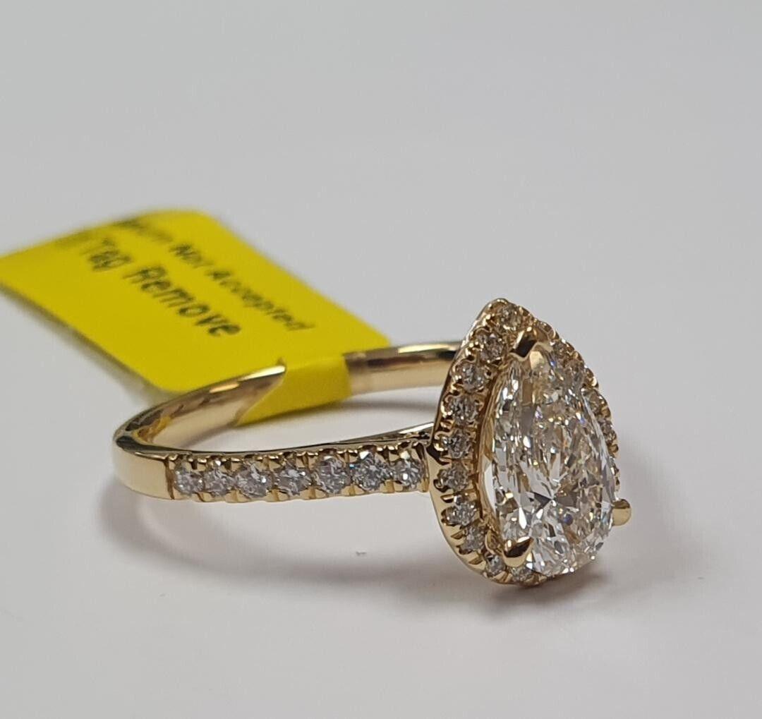 Certified F/VS 2.50Carat Pear Diamond Halo Ring in Hallmarked Yellow Gold