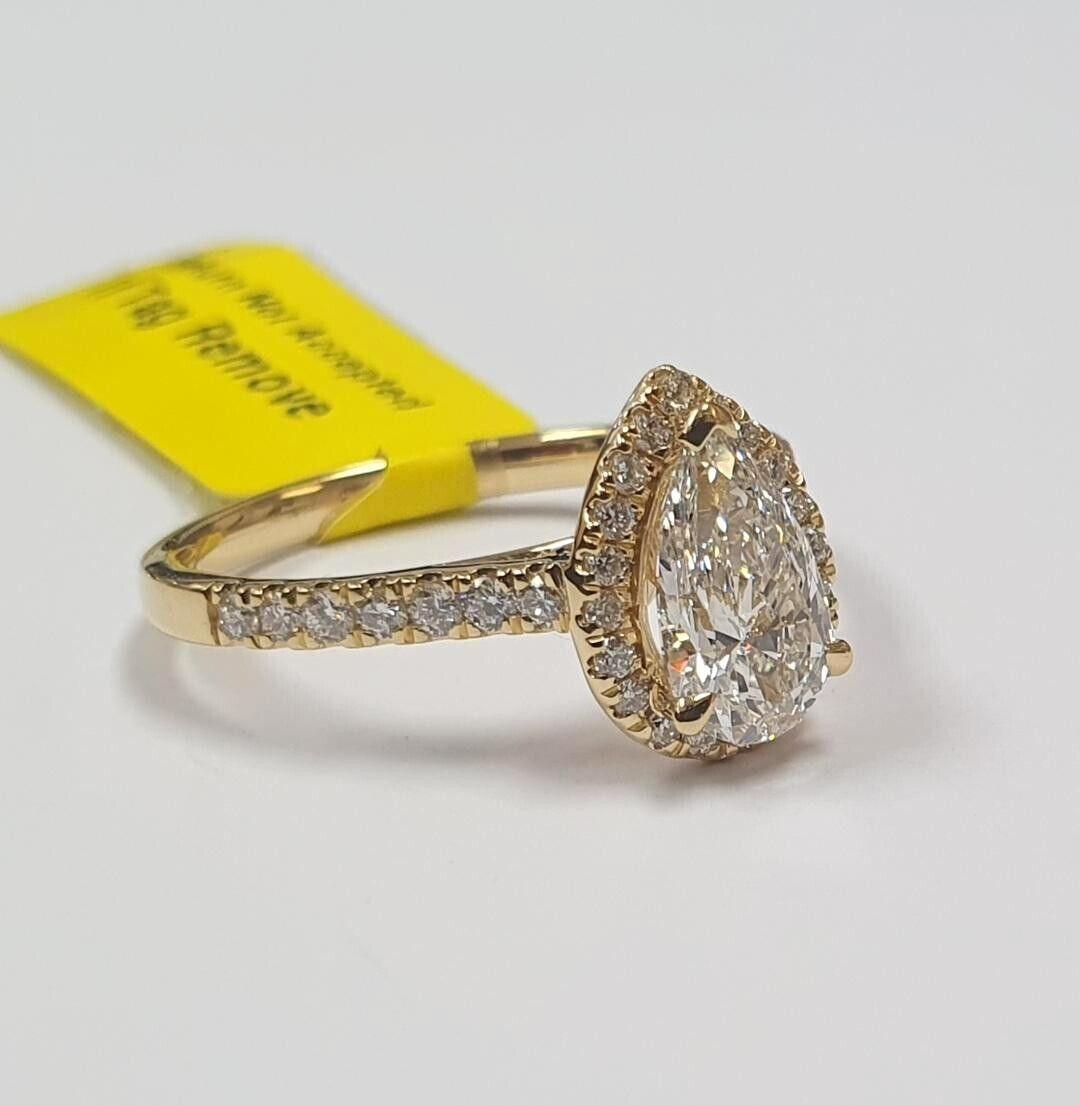 Certified F/VS 2.50Carat Pear Diamond Halo Ring in Hallmarked Yellow Gold