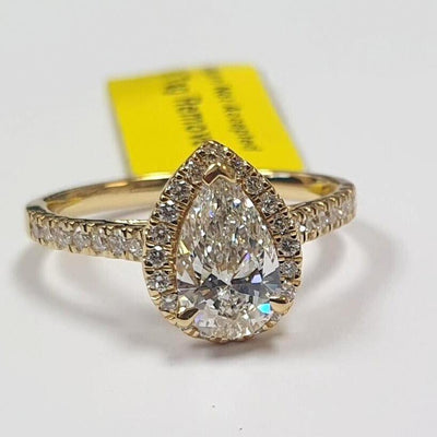 Certified F/VS 2.50Carat Pear Diamond Halo Ring in Hallmarked Yellow Gold