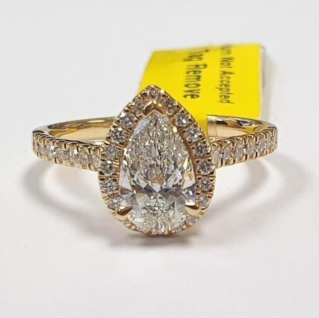 Certified F/VS 2.50Carat Pear Diamond Halo Ring in Hallmarked Yellow Gold