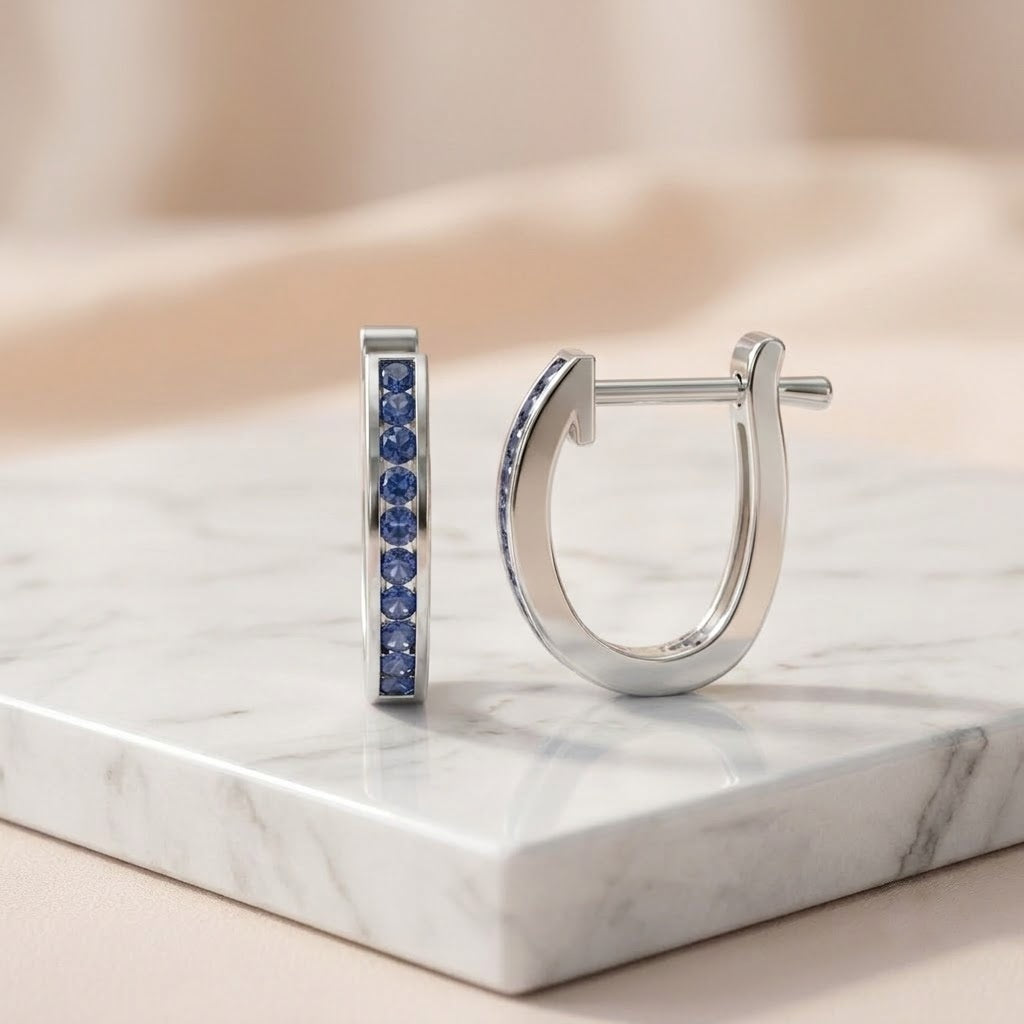 1.00 Ct Natural Sapphire Channel Set Hoop Earrings in White Gold
