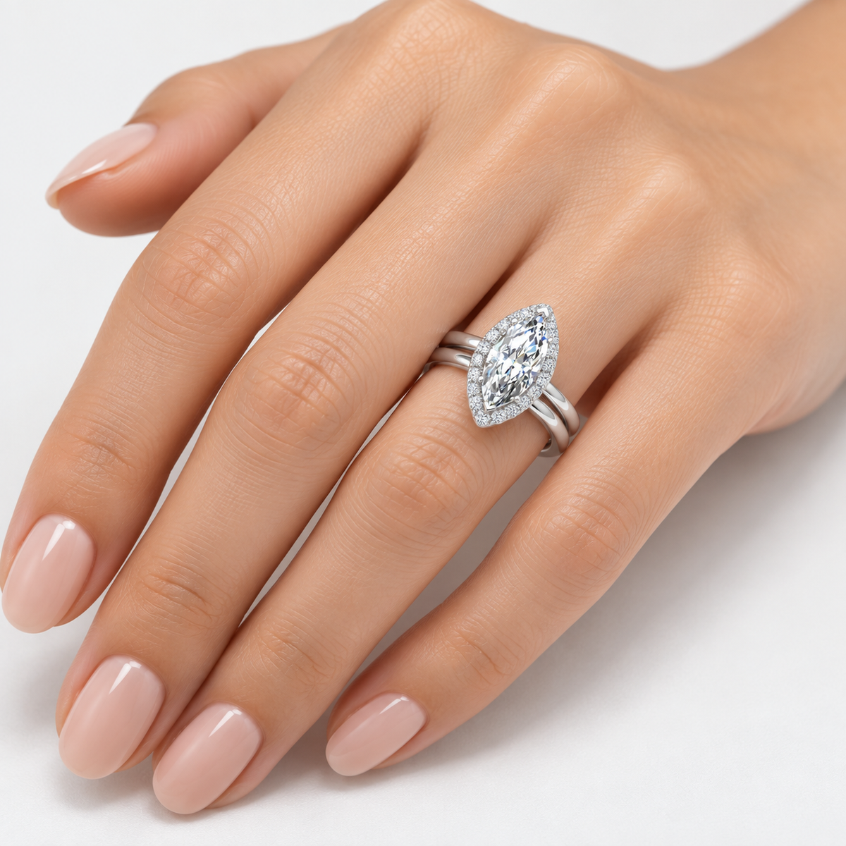 IGI Certified Lab Grown Marquise Diamond Halo Bridal Engagement Ring with Matching Plain Band in Gold & Platinum - 1-5ct
