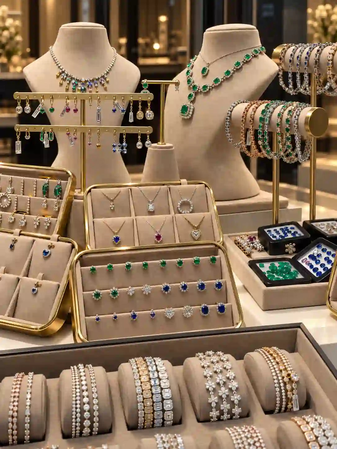 Diamond and gemstone necklaces, earrings and bracelets on display at the Amada Diamonds showroom in Hatton Garden, London