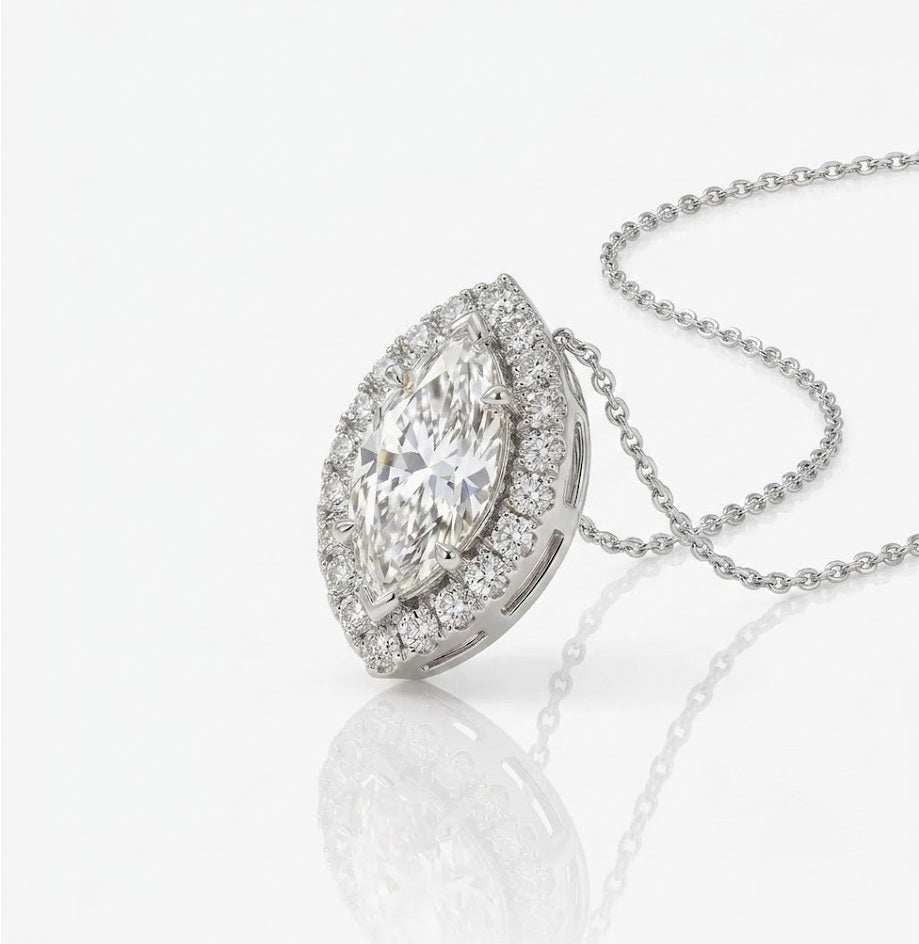GIA Certified F/SI Marquise Natural Diamond Halo Pendant in White Gold (0.50–1.00CT)