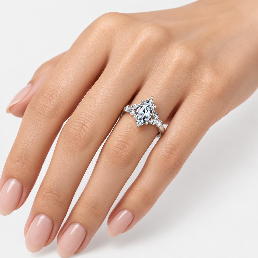 Marquise Cut Engagement Ring with Side Diamonds | IGI Certified Lab Grown in Platinum & Gold - 1-5ct
