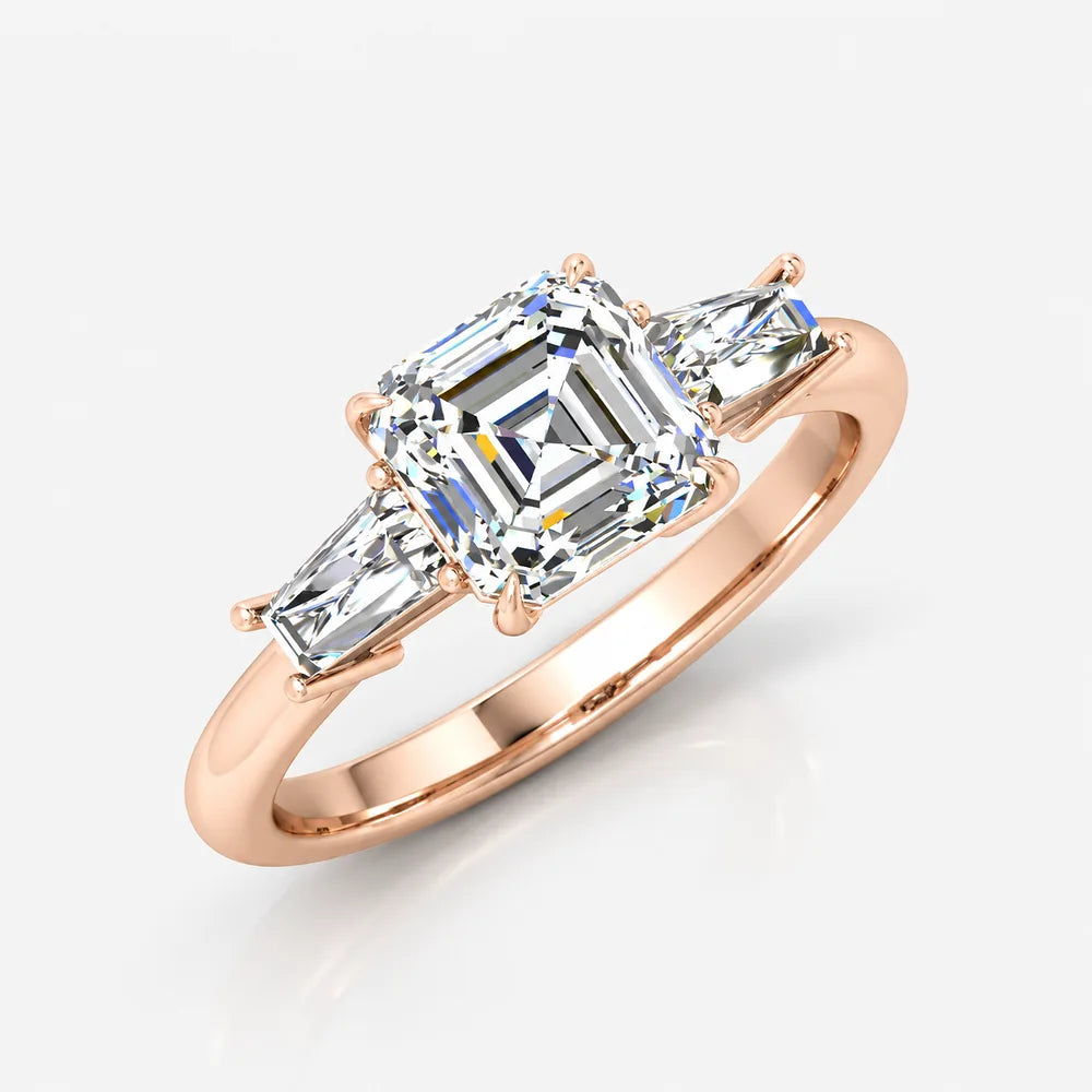 IGI Certified Lab Grown Asscher-Cut Diamond Three-Stone Engagement Ring with Tapered Baguette Side Stones in Gold & Platinum