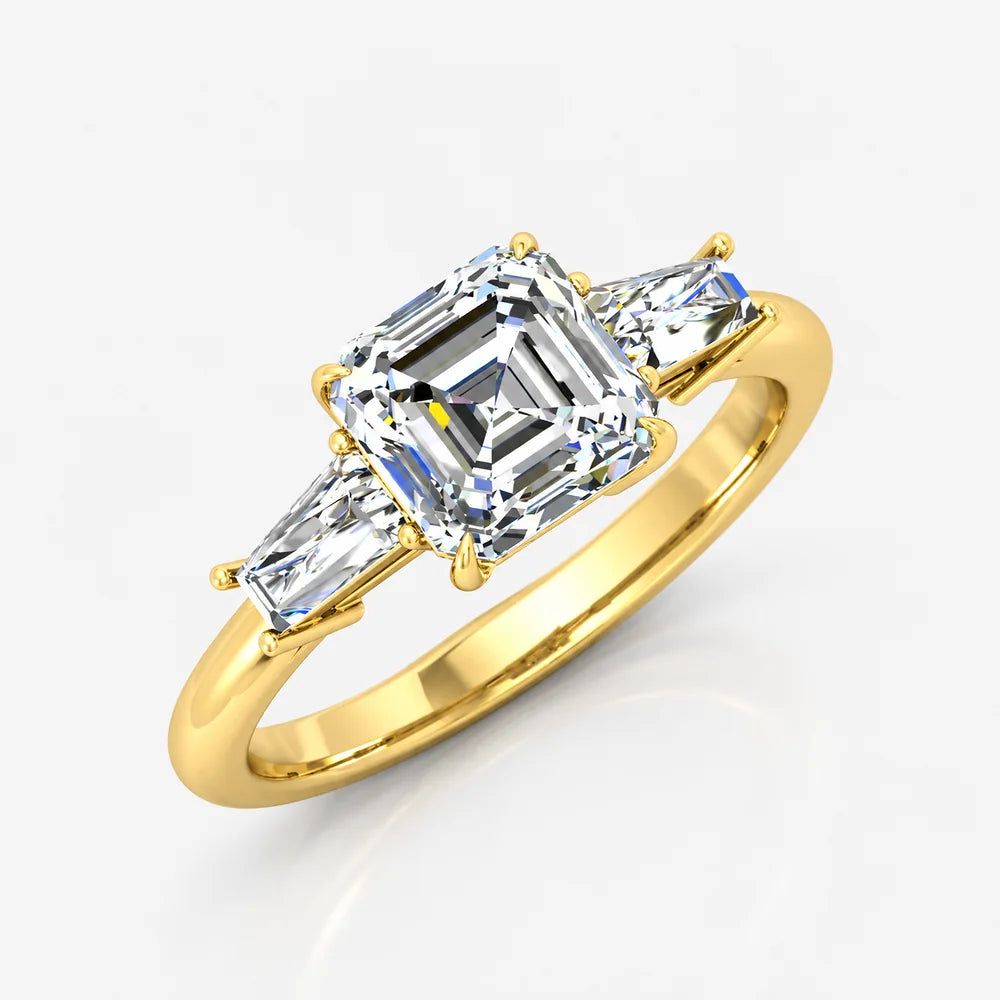 IGI Certified Lab Grown Asscher-Cut Diamond Three-Stone Engagement Ring with Tapered Baguette Side Stones in Gold & Platinum